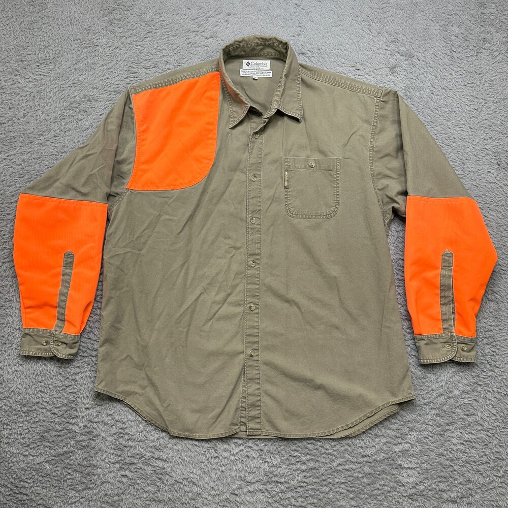 Columbia Shooting Shirt Mens XL Tan Blaze Orange Hunting Button Up Pheasant